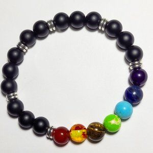 Natural Black Matte Onyx Agate and Chakra Crystal Beaded Bracelet 8mm 7 1/2"